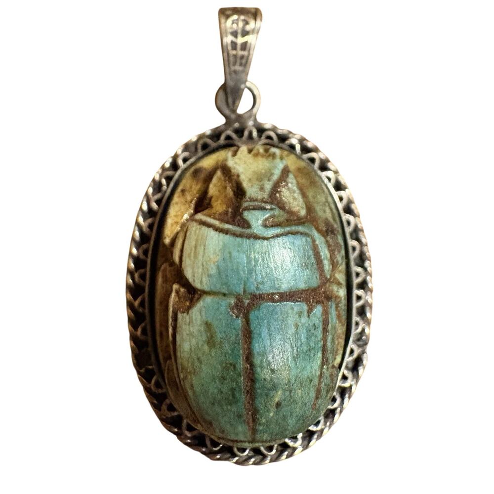 Egyptian Greenish Blue Scarab Pendant in Sterling Silver w/ Detailing Vintage
